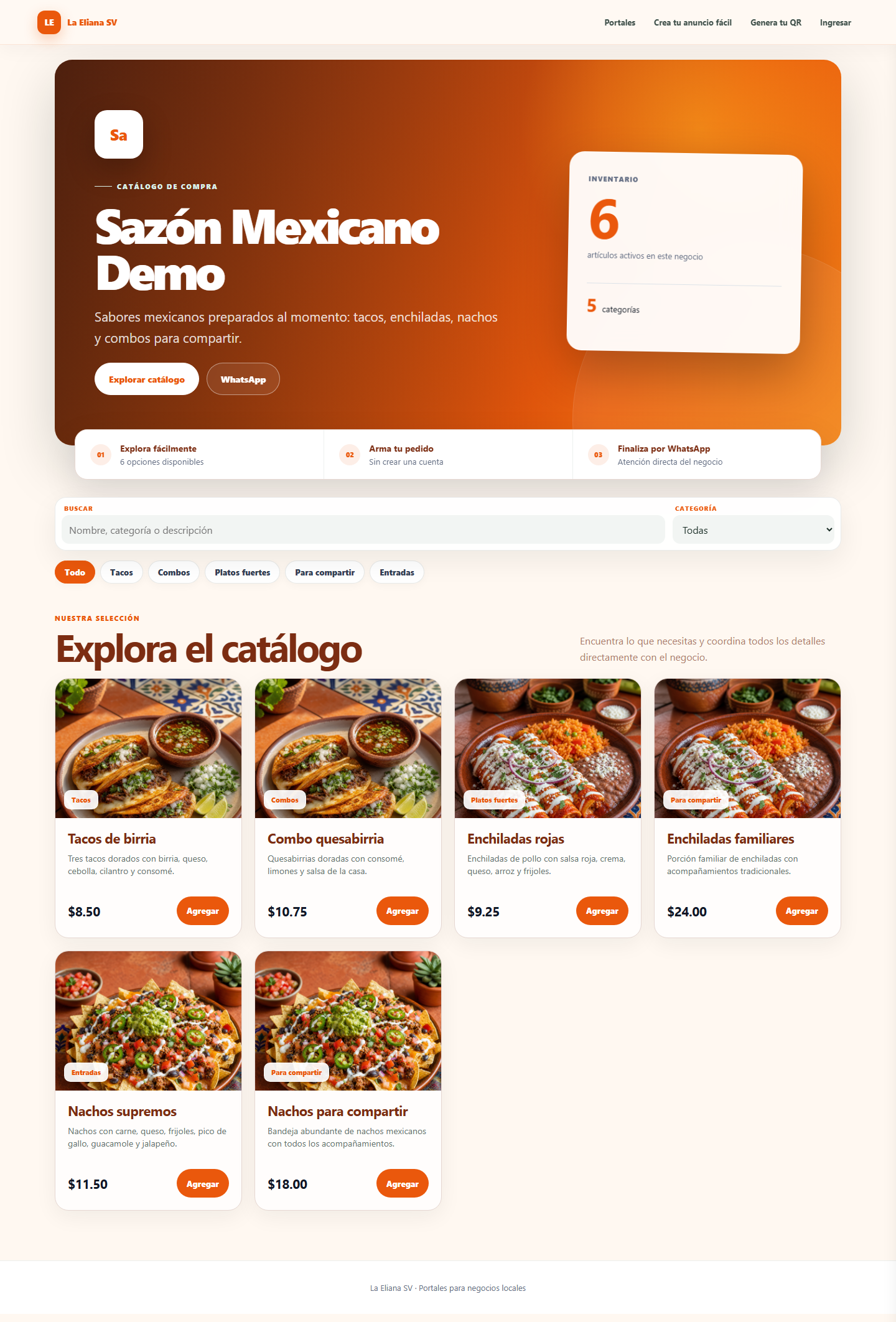 Captura del portal Sazón Mexicano Demo